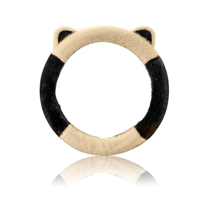 Car Steering Wheel Cover, Cute Steering Wheel Protector with Kitty Cat Ears,Fluffy Soft Plush for Winter Warm, Universal Fit 15 inches for Car,SUV, Elastic & Anti-Slip (Black/Beige) - color: Black/Beige