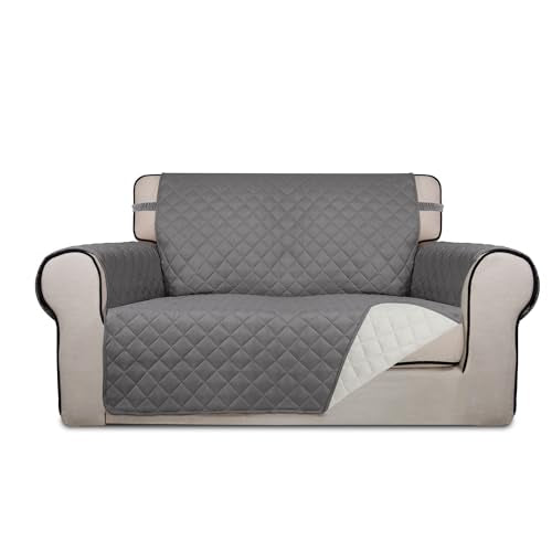 PureFit Reversible Quilted Sofa Cover, Water Resistant Slipcover Furniture Protector, Washable Couch Cover with Non Slip and Elastic Straps for Kids, Dogs, Pets (Loveseat, Gray/Ivory) - color: Gray/Ivory, size: Medium