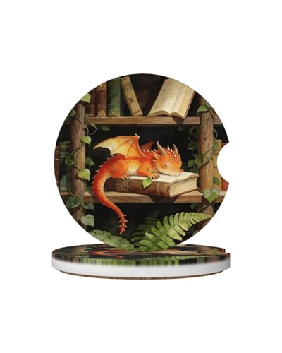 Car Cup Holder Coasters, 2 Pcs Ceramic Coasters with Cork Back and Finger Slot, Anti-Slip Shock Absorbing Woman and Men Universal Car Accessories - Dragon - color: Dragon