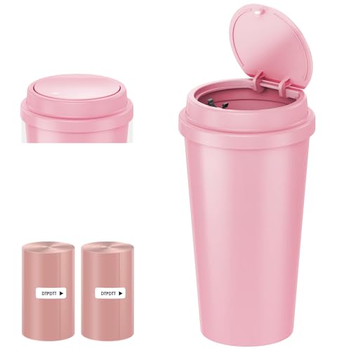 Pink Car Trash Can - Mini Leakproof Vehicle Trash Bin with Lid - Garbage Can for Car Cup Holder - Cute Passenger Princess Car Accessories - with 80 Pink Trash Bags