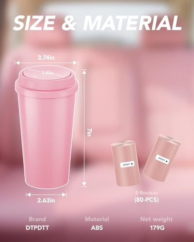 Pink Car Trash Can - Mini Leakproof Vehicle Trash Bin with Lid - Garbage Can for Car Cup Holder - Cute Passenger Princess Car Accessories - with 80 Pink Trash Bags