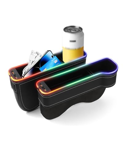 Shademax RGB Color Changing LED Car Seat Gap Filler Organizer Console Side Seat Gap Storage Box with Cup Holders and USB Chargers for Car Interior Accessories (2 Pack) - color: A-Black