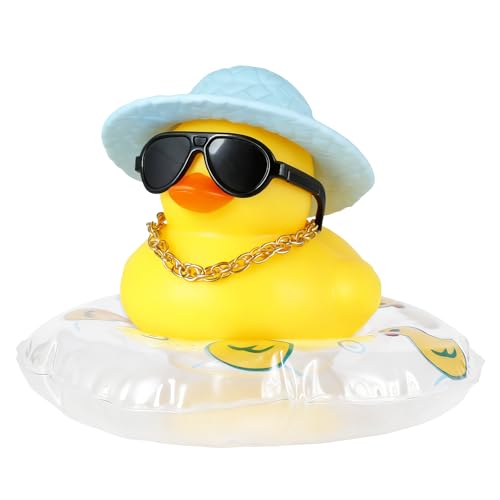 Mini Rubber Duck with Blue Hat, Necklac, Swim Ring and Sunglasses - Car Dashboard Decor and Desk Ornament - Multi-Purpose Duck Gift for Car Owners, Office, Home Decor - color: Style7