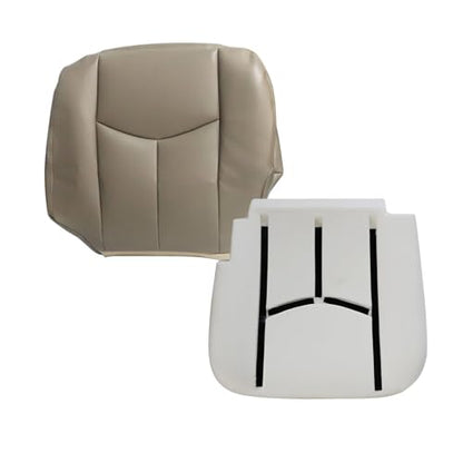 Front Driver Side Bottom Seat Cover Microfiber Leather Medium Neutral Tan #522 and Foam Cushion Pad Compatible with Chevy Avalanche Silverado GMC Sierra 1500 2500 3500HD 2003 2004 2005 2006 - color: Med Tan
