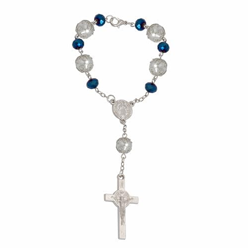 One Decade Car Rosary Navy Blue Glass Prayer Beads with St. Benedict Medal & Crucifix Spiritual Protection Rearview Mirror Accessory Catholic Gift for Travelers - color: Navy Blue