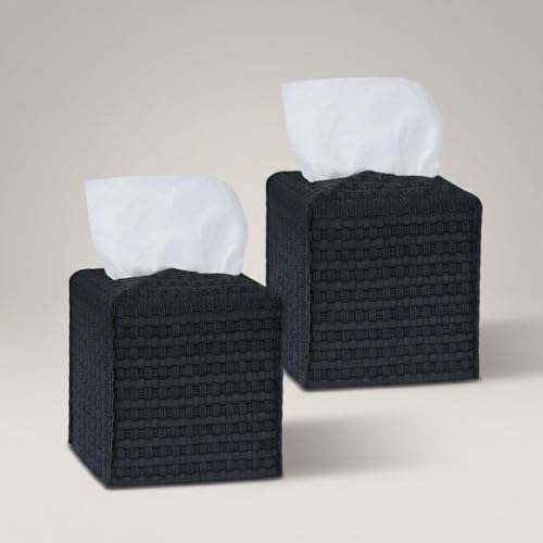 Tissue Box Cover 2-Pack, Square Tissue Holder with Bottom Belt, Modern Tissue Case Facial Paper Organizer Dispenser for Bathroom, Office, Home, Table, Car, Woven Pattern Black - color: Black, size: Woven Pattern