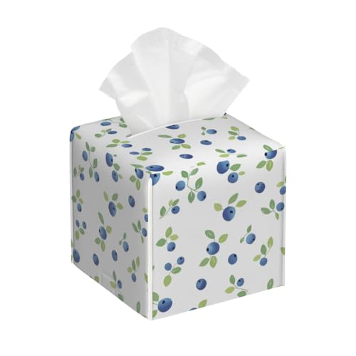 Tissue Box Cover PU Leather Square Tissues Holder Blue Berry Fruits Decorative Facial Paper Organizer Dispenser for Bedroom Bathroom Vanity,Home Office Car - color: Blue White