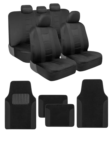 BDK CarXS Black Car Seat Covers Full Set with Matching Set of Floor Mats for SUV, Car, & Truck - Car Seat Covers Front Seats & Bench Seat Cover Car Seat Protector Car Mats Full Set Interior Covers - color: Black