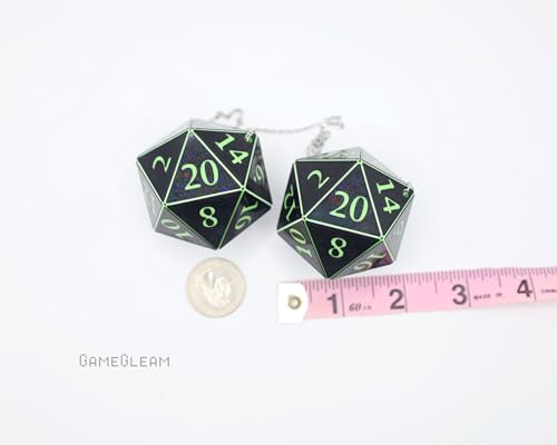 Pair of D20 Car Mirror Dice [2" Black and Green Holographic - "Alien Invasion"] - Handmade hanging car charm rear view mirror danglers - A magical and decorative gift for him or her - GameGleam