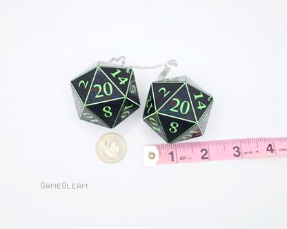 Pair of D20 Car Mirror Dice [2" Black and Green Holographic - "Alien Invasion"] - Handmade hanging car charm rear view mirror danglers - A magical and decorative gift for him or her - GameGleam