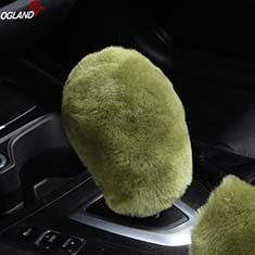 Fluffy Natural Fur Sheepskin Car Gear Shift Handle Level Stick Knob Covers for Automobile Selector Handball Collar, Handbrake Cover (Pea Green)