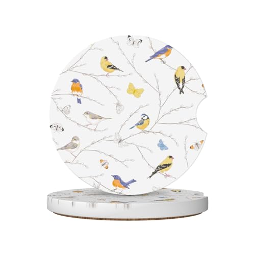 Bird Butterfly Car Coasters for Cup Holders,2 Pack Car Cup Holder Coasters for Car,Ceramic Absorbent Car Coaster with A Finger Notch and Cork Base,Car Interior Accessories for Women Men - color: Bird Butterfly