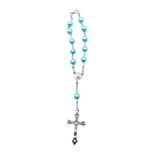 LAINLOY Rosary Car Rearview Mirror Pendant, Car Rear View Mirror Charm, Cross Medal Car Rearview Mirror Hanging Ornament for Men and Women, Personalized Blessing Bead Decoration Present (Lake Blue) - color: Lake Blue