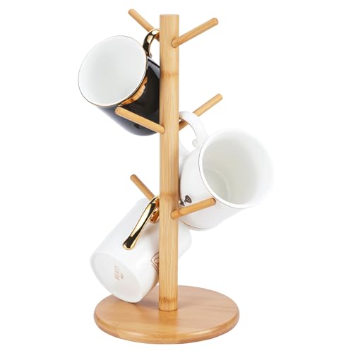 Bamboo Mug Tree Holder, Upgraded Screw Type 6 Hooks Coffee Mug Holders, Decorative Mug Racks for Counter, Non-Slip Coffee Mug Cup Trees
