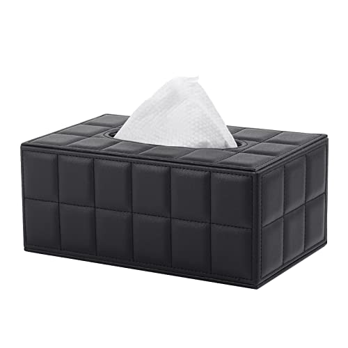 Tissue Box Cover Rectangle Tissue Box Holder PU Leather Facial Organizer with Magnetic Bottom,Decorative Napkin Caddy for Vanity Dresser Night Stand Table Countertop Home Office Car,Black - color: Rectangular Tissue Box-black Grid
