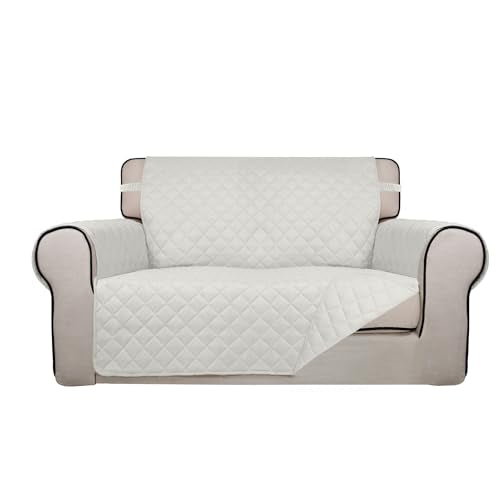 PureFit Reversible Quilted Sofa Cover, Water Resistant Slipcover Furniture Protector, Washable Couch Cover with Non Slip and Elastic Straps for Kids, Dogs, Pets (Loveseat, Ivory/Ivory) - color: Ivory/Ivory, size: Medium