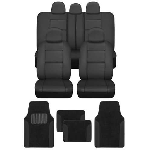BDK Black Faux Leather Car Seat Covers Full Set with Matching Carpet Car Floor Mats - Universal Front & Back Bench Car Seat Protector & Car Mats Full Set for SUV & Truck Automotive Interior Liner - color: Black