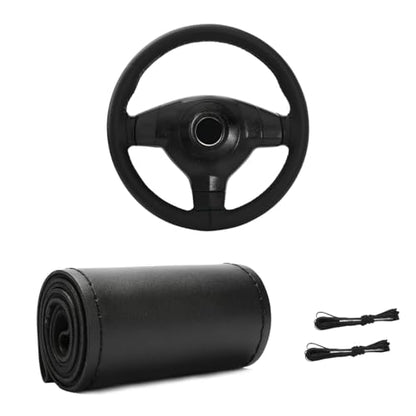 Genuine Leather Steering Wheel Cover, Stitch On Wrap for Steering Wheel up to Diameter 15 Inches, DIY Sewing Steering Wheel Protector, Car Accessories (Black, Glossy) - size: Glossy