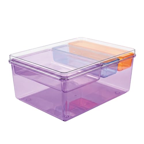 MOSSRIVER 4 Pack Clear Drawer Organizer Set, Plastic Desk Organizer Bin with Lid & Trays, Colorful Storage Box with Removable Trays for Cosmetics, Jewelry, Bedroom, Bathroom, Office, Combo 07 - color: Color 07