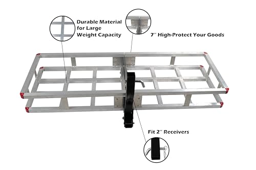 Aluminum Hitch Cargo Carrier 500 lbs Capacity - Folding Luggage Rack for SUV, Car, Truck - Fits 2" Receiver with Powder Coated Angled Shank - 60 x 20 x7 Rustproof Hitch Mount Cargo Basket - color: Aluminum 60x20x7 inch