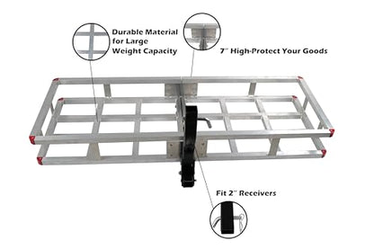 Aluminum Hitch Cargo Carrier 500 lbs Capacity - Folding Luggage Rack for SUV, Car, Truck - Fits 2" Receiver with Powder Coated Angled Shank - 60 x 20 x7 Rustproof Hitch Mount Cargo Basket - color: Aluminum 60x20x7 inch