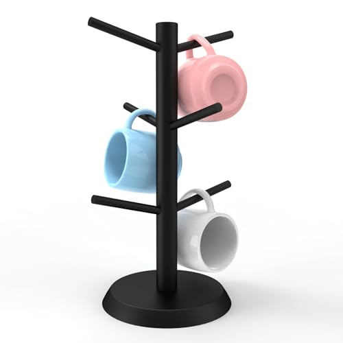 Black Coffee Mug Holder, Non-Slip Cup Tree With 6 Hooks for Counter, Rack (Black)