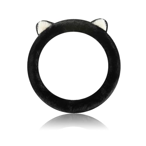 Car Steering Wheel Cover, Cute Steering Wheel Protector with Kitty Cat Ears,Fluffy Soft Plush for Winter Warm, Universal Fit 15 inches for Car,SUV, Elastic & Anti-Slip (Black) - color: Black