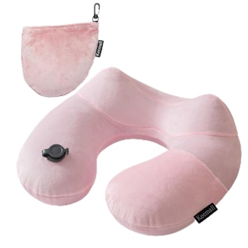 Keemall Inflatable Travel Pillow, Premium Soft Pink Velvet Inflatable Neck Pillow, Washable Lightweight Portable Travel Essentials for Flight Road Trip Camping Office, Travel Gift for Women Girls - color: Pastel Pink, size: Medium