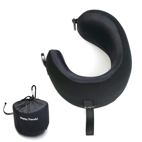 C CUSHION LAB Extra Support Travel Pillow, Award-Winning Patented Ergonomic Design for Chin & Neck Support Memory Foam Neck Pillow, Compact Airplane Pillow for Traveling, Flight, Car (Black, Medium) - color: Black, size: Medium