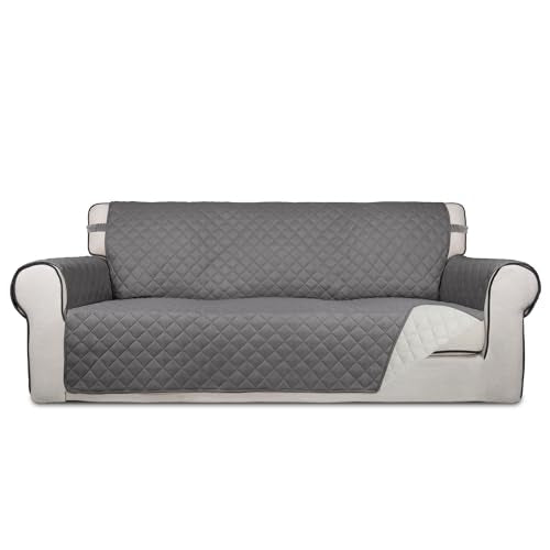 PureFit Reversible Quilted Sofa Cover, Water Resistant Slipcover Furniture Protector, Washable Couch Cover with Non Slip and Elastic Straps for Kids, Dogs, Pets (Oversized Sofa, Gray/Ivory) - color: Gray/Ivory, size: X-Large