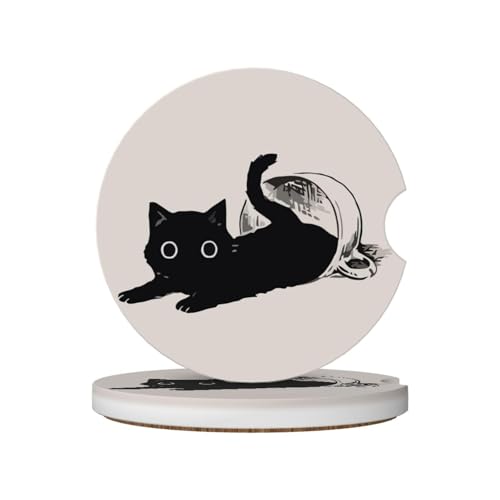 Cute Black Cat Car Coasters for Cup Holders,2 Pack Car Cup Holder Coasters for Car,Ceramic Absorbent Car Coaster with A Finger Notch and Cork Base,Car Interior Accessories for Women Men - color: Cute Black Cat