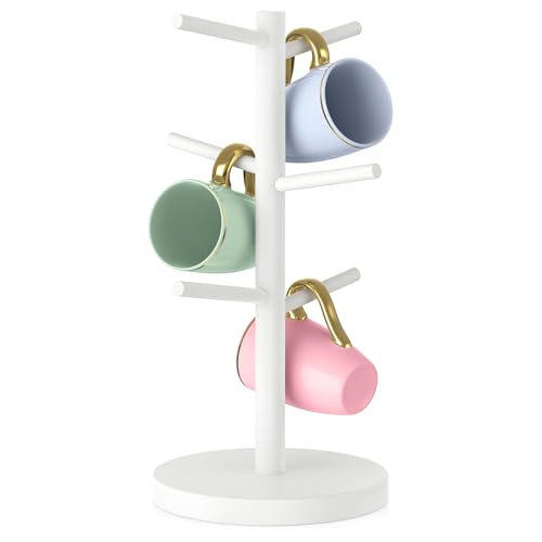 Wisuce Bamboo Coffee Mug Holder Tree, Thicker Base Coffee Cup Holder Stand for Countertop, Tabletop Mug Rack Organizer with 6 Hooks (White) - color: White