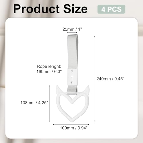 PATIKIL 4 Pcs Evil Heart Shaped Car Handle Straps, Car Hanging Accessories Bumper Warning Ring Drift Charm for Auto Bus Decor Interior Exterior Decoration, White (White Strap)
