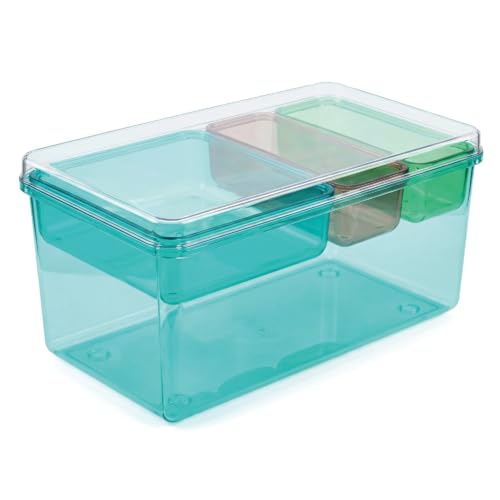 MOSSRIVER 4 Pack Clear Drawer Organizer Set, Plastic Desk Organizer Bin with Lid & Trays, Colorful Storage Box with Removable Trays for Cosmetics, Jewelry, Bedroom, Bathroom, Office, Combo 05 - color: Color 05