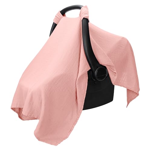 Comfy Cubs Baby Car Seat Cover - Soft, Breathable Bamboo Rayon and Muslin Cotton Blend - Lightweight Canopy for Sun, Bug, and Comfort Protection - Large Size Infant Seat Cover in Bold Blush Design - color: Bold Blush