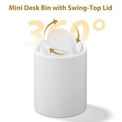 Mini Desk Trash Can with Lid for Desk,0.4 Gallon Brushed Stainless Steel Countertop Trash Can with Lid for Desktop Car Office Kitchen, Swing Top Trash Bin with a Roll of Trash Bag（White）