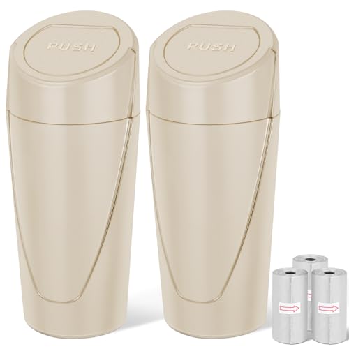 Car Trash Can, 2 Packs Mini Car Trash Bin with Lid, Leakproof Cup Holder Car Garbage Can with 60 Trash Bags, Vehicle Front Back Seat Organizers and Storage for Car, Home, Office, Beige - color: Beige