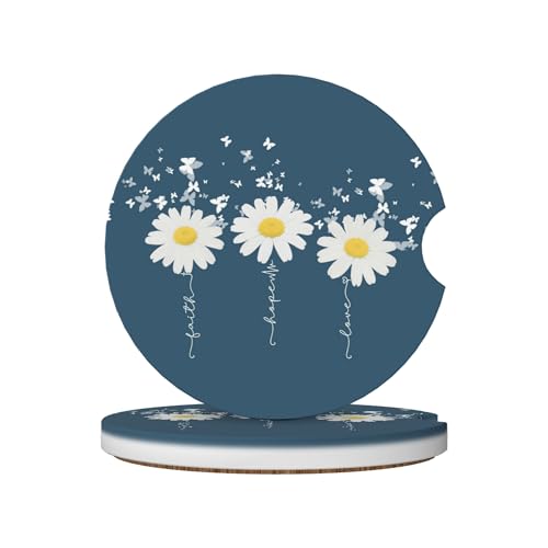 Daisy Faith Hope Love Flowers Car Cup Holder Coasters 2 Pack Universal 2.63 Inch Anti Slip Ceramic Absorbent Coaster with Cork Base and Finger Notch Cute Car Accessories Interior for Women - color: Blue