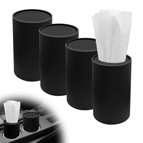 4PCS Car Tissue Holder, Pull Out Cars Tissue Holder, Refillable Tissues Cylinder Travel Tissue Tubes Box Container Multifunctional Car Tissue Box Fits for Cup Holder Round (Black)