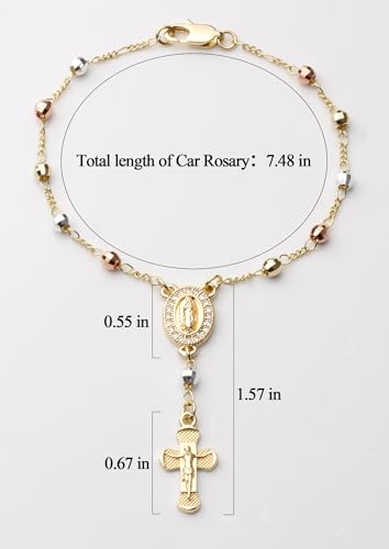 Gold Plated Beads Catholic Guadalupe Car Rearview Mirror Rosary Hanging Charm Chain for Women with Gift Box - color: Big-Faceted Beads