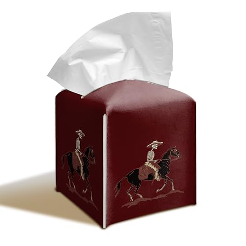 Skeleton Horse Rider 5.2-Inch Square PU Leather Tissue Box Cover – Rustic Gothic Rodeo Style, Hand-Stitched, Removable Liner, Bathroom, Bedroom, Living Room, Office Gift - color: Horse