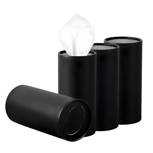 4PCS Car Tissue Holder, Round Tube Car Tissues Box Stylish Cup Holder Decor with Facial Tissues, Portable Cylinder Refillable Paper Napkin Container for Vehicle Home Office (Black) - color: Black
