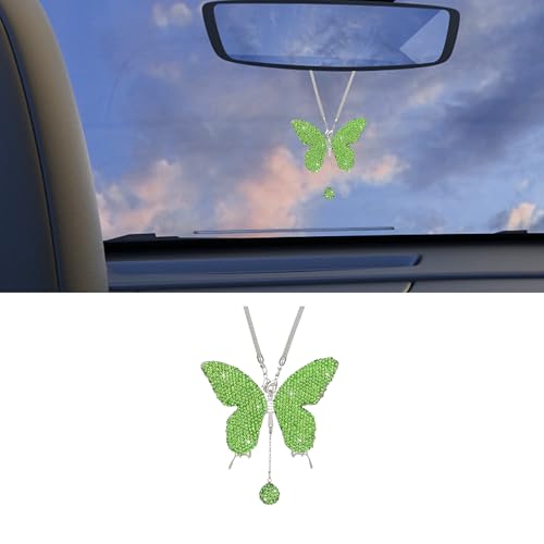 Bling Butterfly Diamond Car Accessories, Crystal Car Rear View Mirror Charms for Women, Auto Decoration Lucky Hanging Interior Crystal Ornament Pendant Decor for All Cars (Light Green) - color: Light Green
