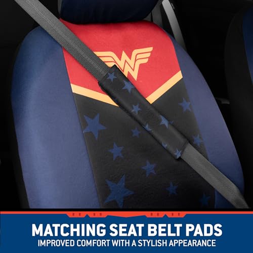 Warner Bros DC Comics Wonder Woman Car Accessories Seat Covers - Front Pair Includes Removable Head Cover, Matching Seat Belt Pads, Side Airbag Compatible, Universal Fit, Waterproof - size: 2 Front, style: Wonder Woman