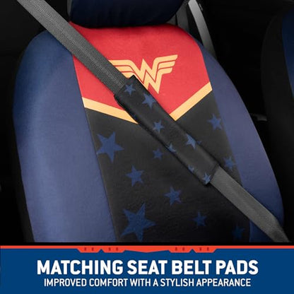 Warner Bros DC Comics Wonder Woman Car Accessories Seat Covers - Front Pair Includes Removable Head Cover, Matching Seat Belt Pads, Side Airbag Compatible, Universal Fit, Waterproof - size: 2 Front, style: Wonder Woman