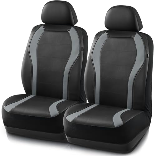PIC AUTO Leather Car Seat Covers, Premium Automotive Waterproof Two Front Bucket Seat Protectors, Black and Gray PVC Patchwork, Fits Cars, Trucks, Vans, SUVs, Airbag Compatible - color: Gray, size: Two Front