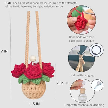 ROFIGL Handmade Crochet Hanging Car Air Freshener - Romantic Red Rose Design, 12ml Refillable Thick Glass Bottle, Car Diffuser for Rearview Mirror, Home & Office Romantic Decor - style: Rose
