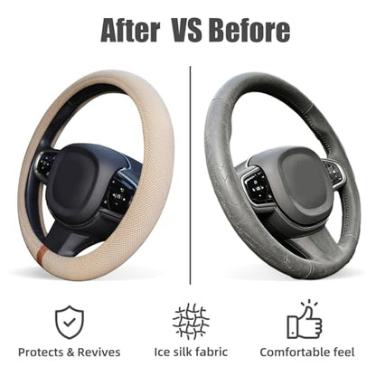 Universal Car Steering Wheel Cover for Summer, Non-Slip Breathable Cooling Steering Wheel Cover Protector with Brown Mark Upgraded Silicone Inner Ring for Summer D Shape & Round Shape, Khaki - color: Khaki Brown