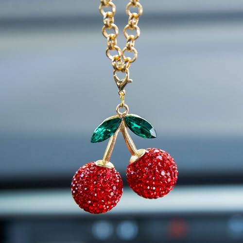 Bling Cherry Rear View Mirror Accessories, Cute Car Decor for Women, Mini Cherry with Embedded Rhinestones Decorations Car Charms Rearview Mirror Accessories - color: Red