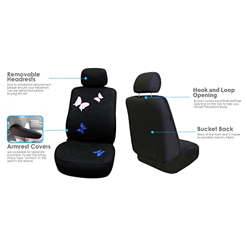 FH Group Full Set Butterfly Cloth Car Seat Covers - Universal Fit, Low Back Front Seat Covers, Solid Back Seat Cover, Washable Seat Cover for SUV, Sedan, Van, Black - color: Black Butterfly, size: Full Set